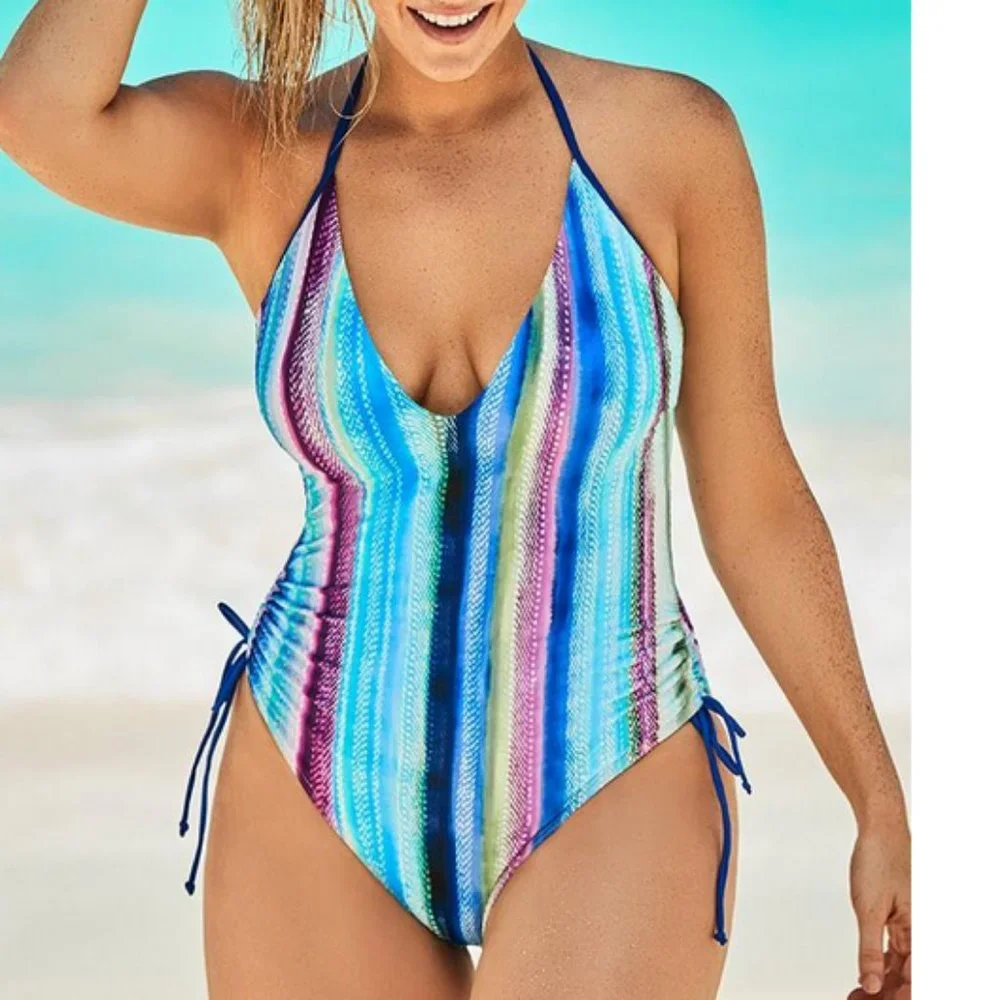 New Plunge Halter Drawstring Side One Piece Swimsuits For All